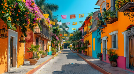 Fototapeta premium Colorful Street with Hanging Flags and Palm Trees - Realistic Image