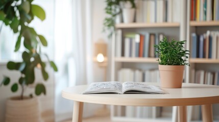 Scandinavian-style light wooden table, white bookshelf, and newspaper open to colorful