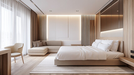 Obraz premium Panorama of a minimalist design bedroom in a modern home. There is a large double bed with a bedside table, a light sofa and a desk with a chair.