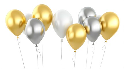 Gold, Silver and White Balloons Isolated on White Background.