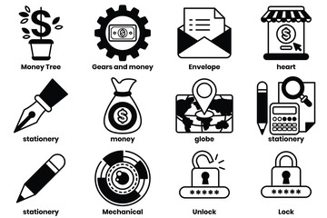 Set of illustrations in the concept of office items and business related things in a line style.