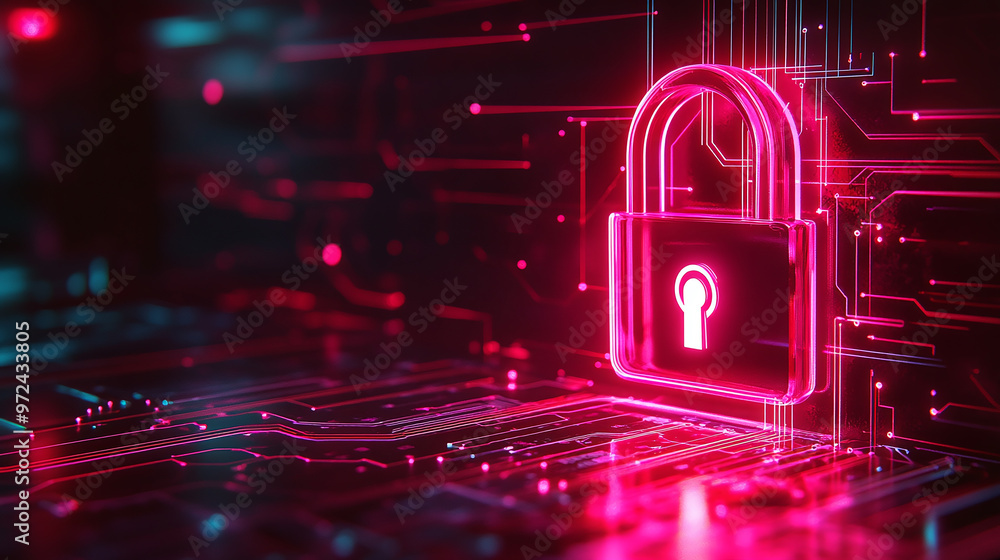 Poster neon lock symbol representing cyber security on digital circuits background