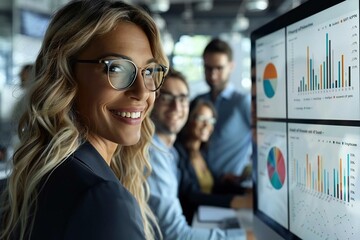 1. A beautiful woman with blonde hair and wearing eyeglasses is smiling and analyzing KPI data on her computer screen, while her diverse team is focused on the graphs displayed
