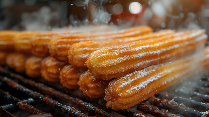 Close Up of Churros with Powdered Sugar on a Black Grate - Food Photography
