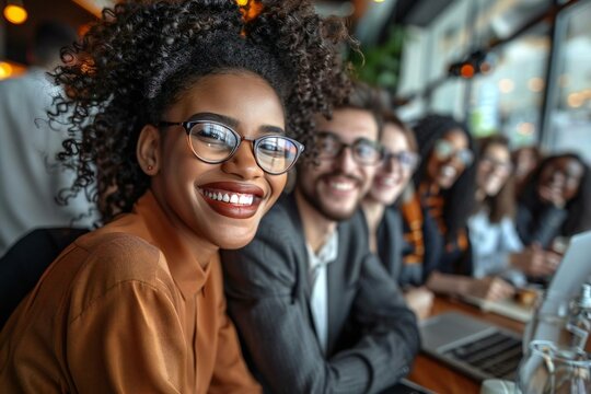 The beautiful diverse young business team is smiling and laughing while having a lively discussion in the boardroom, with some members wearing stylish eyeglasses and looking attentively