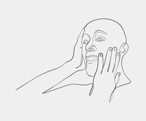 Abstract one-line drawing of a person touching their face with both hands, showcasing emotion through minimalist and modern art.