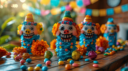 Colorful Decorations on Wooden Table with Candy Illustration