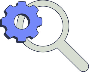 Magnifying glass inspecting a gear, symbolizing detailed analysis or troubleshooting.