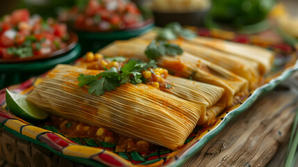 Delicious Corn Husk Tamales with Cilantro Garnish on a Colorful Plate - Food Photography