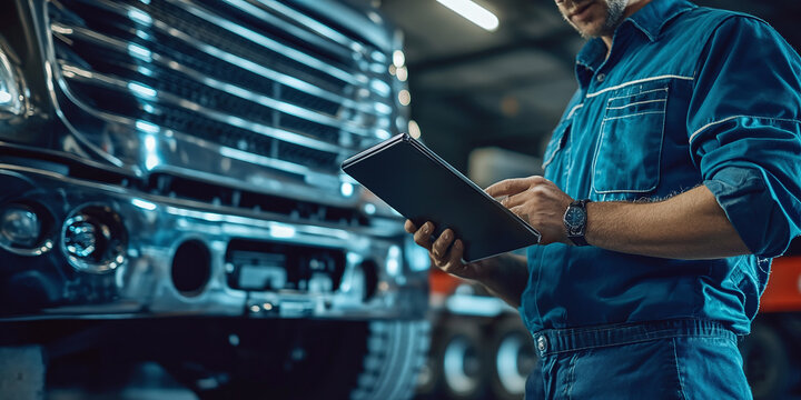 A mechanic with a tablet computer diagnoses the diesel engine of an industrial truck in a garage. Car repair concept in auto repair industry