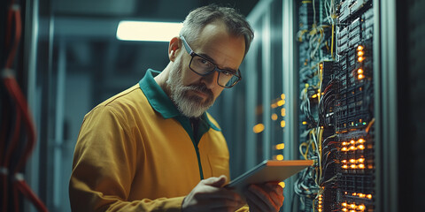 Mature engineer inserts cable into communication equipment, uses tablet computer. A male system administrator works in the server room. Maintaining a local network or web server. Technical support