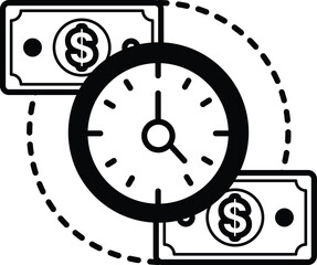 A clock with two dollar bills on either side of it