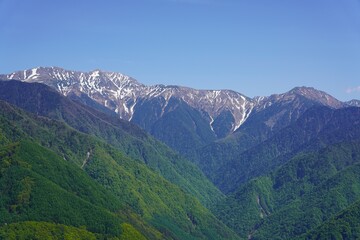 信州　大鹿村　夕立神パノラマ公園から残雪の南アルプスのパノラマ 赤石岳、小赤石岳、兎岳、聖岳