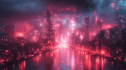 Obraz premium A vibrant city skyline illuminated by red and blue lights reflecting on the river during a nighttime event in an urban landscape