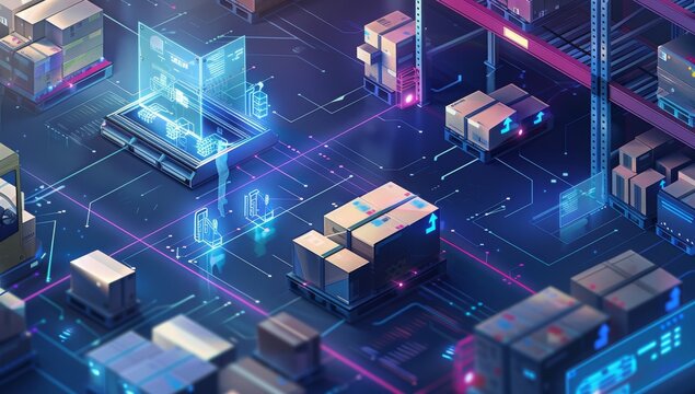 Digital warehouse with an augmented reality (AR) interface, showcasing boxes and pallets being organized by workers in the background. - Powered by Adobe