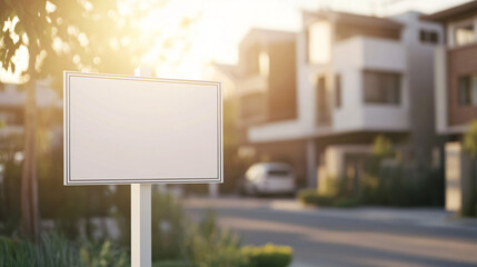 Fototapeta premium Blank real estate sign is displayed in front of a new house waiting for its future owner