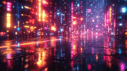 Fototapeta premium Colorful neon lights reflecting on wet city streets at night, creating a vibrant urban atmosphere