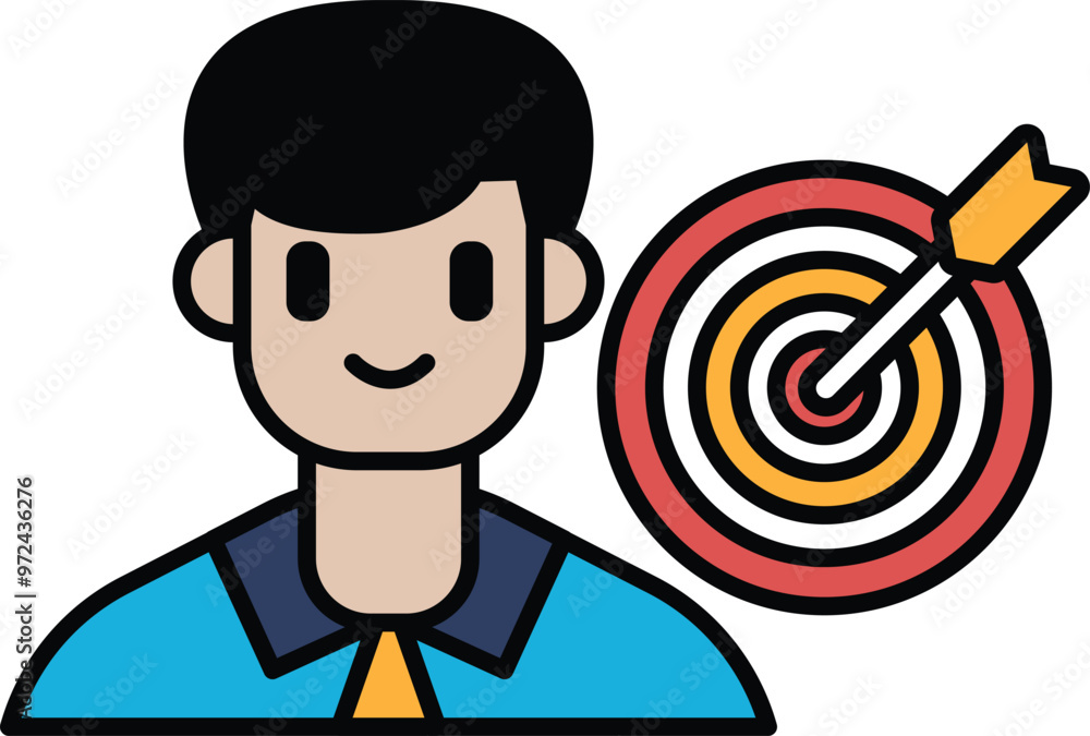 Poster a man is smiling and looking at a target with a arrow