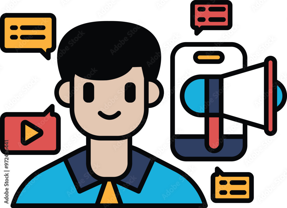 Poster a man with a microphone is smiling and surrounded by a bunch of speech bubbles