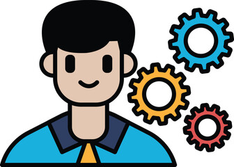 A man is smiling and wearing a tie. He is surrounded by three gears