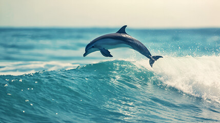 Obraz premium A playful dolphin leaping above crystal-clear ocea
