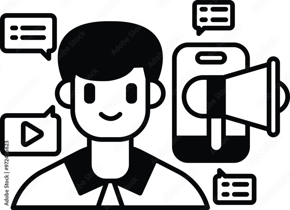 Poster a man with a microphone is smiling and surrounded by a bunch of speech bubbles