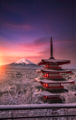 Fujiyoshida, Japan Beautiful view of mountain Fuji and Chureito pagoda at sunrise of Mount Fuji during winter.This is one of the famous spot to take pictures of Mount Fuji.