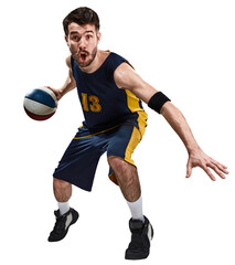 Athletic young man, basketball player in motion with ball, playing, training isolated on...