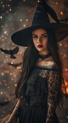 Fototapeta premium A gothic witch wearing a black lace dress and pointed hat holds a broomstick, surrounded by glowing sparks and flying crows. Dark, mystical Halloween ambiance