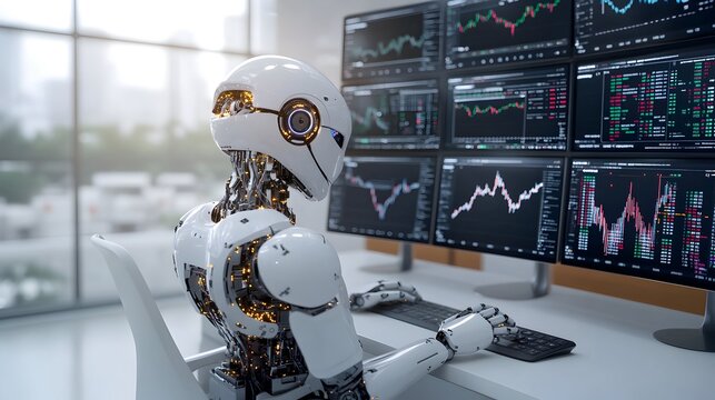 A futuristic AI robot analyzing real-time stock market charts and data on multiple monitors in a modern office environment, showcasing advanced technology in financial analysis.