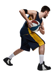 Athletic young man, basketball player in motion with ball, playing, training isolated on...