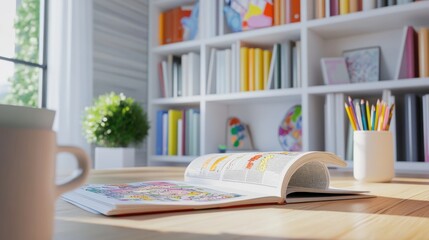 Soft-toned wooden desk and white bookshelves, with an open newspaper
