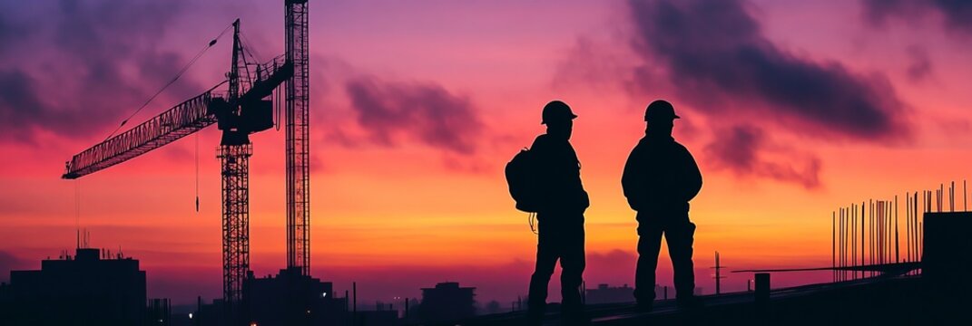 Dedicated urban construction workers begin their day at dawn, shaping the city landscape