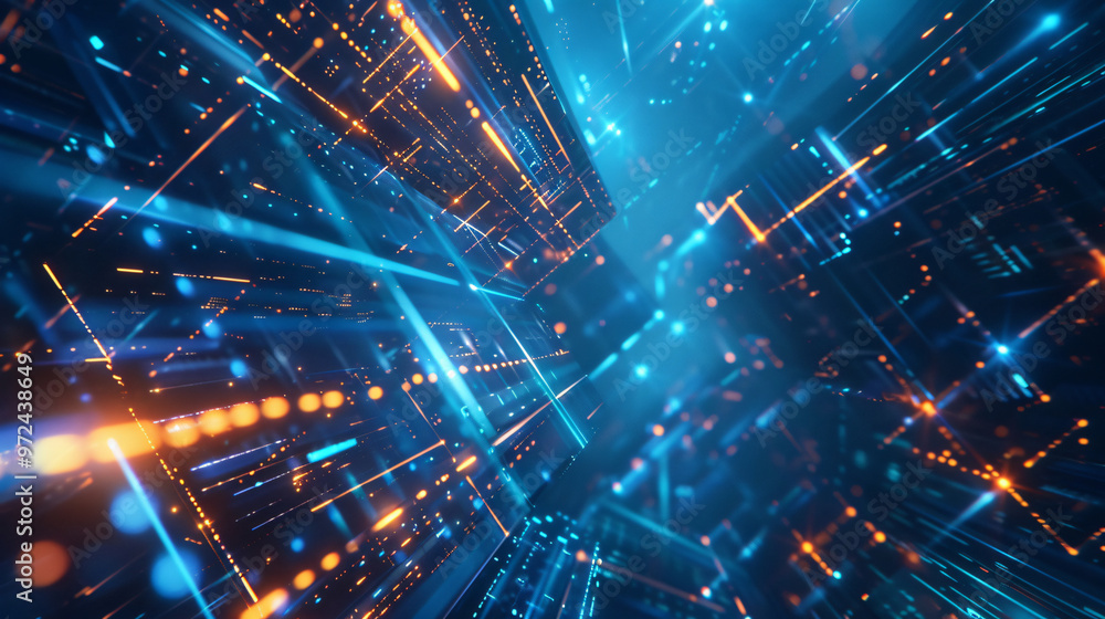 Poster a mesmerizing digital artwork depicting a futuristic cityscape with vibrant blue and orange lights, 