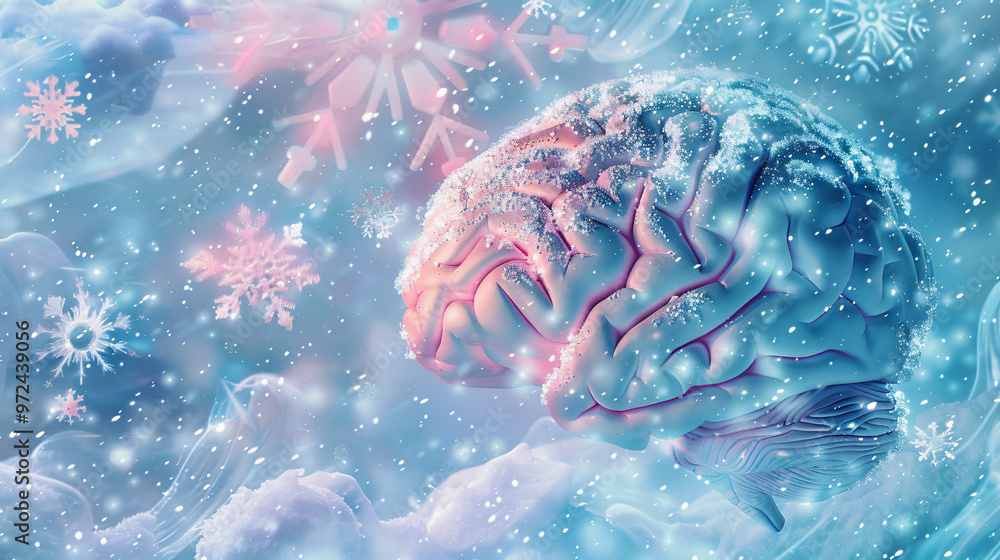 Aufkleber an imaginative portrayal of a brain covered in snowflakes, blending elements of winter with a surrea
