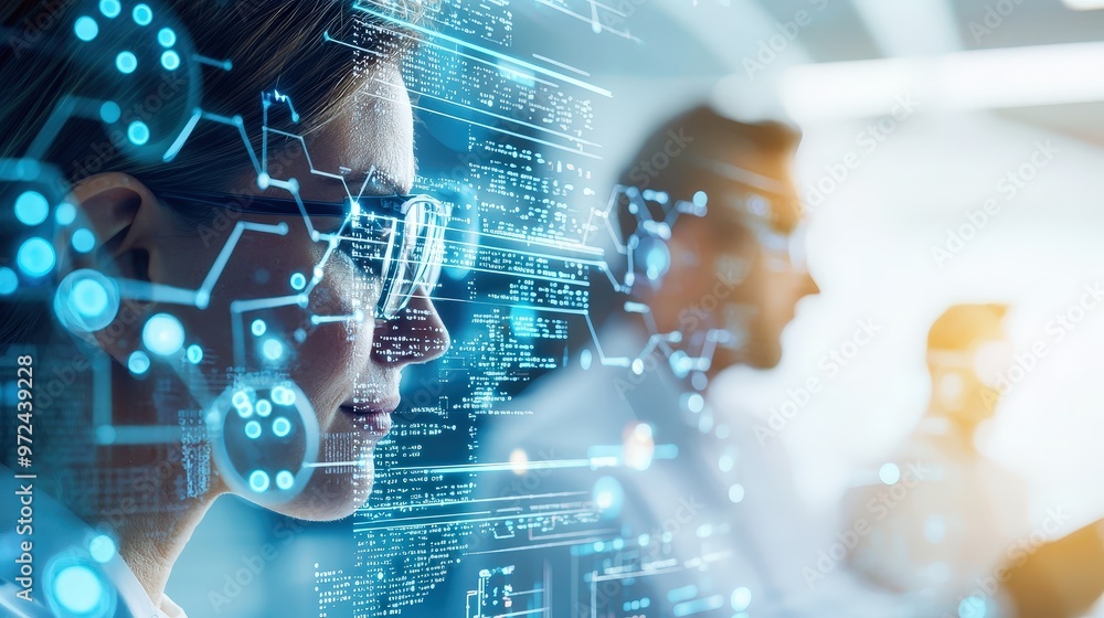 Poster advanced data analytics in research with scientists analyzing big data for innovation