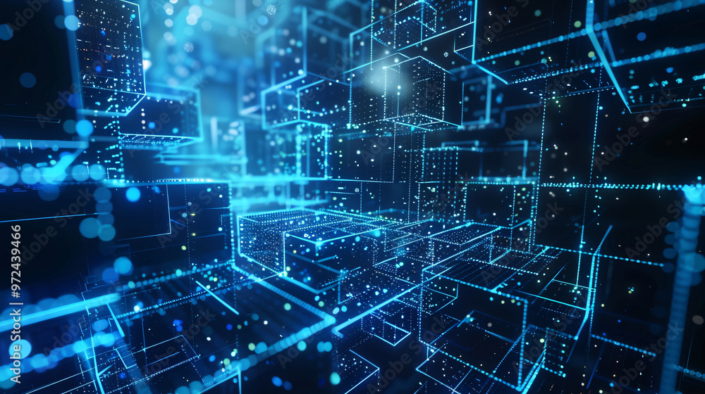 Poster a captivating digital illustration of a network of glowing blue cubes and particles, creating a sens