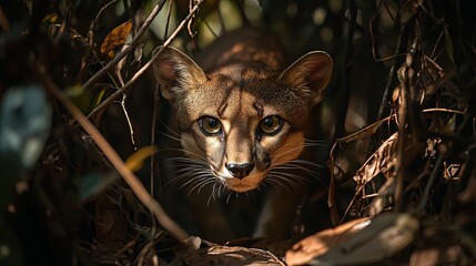 Fossa prowling through jungle greenery in Madagascar's wild habitat