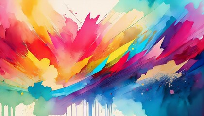 A dynamic abstract watercolor painting with vibrant splashes of red, blue, yellow, and pink, creating an energetic visual impact.