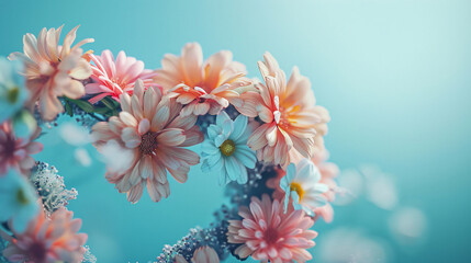 Fototapeta premium A charming floral arrangement forming a heart shape with pink and white flowers, set against a serene blue background, evoking feelings of love and beauty in nature.