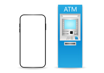 ATM Machine and Smartphone. Internet Banking and Online Payment Concept. Vector Illustration.