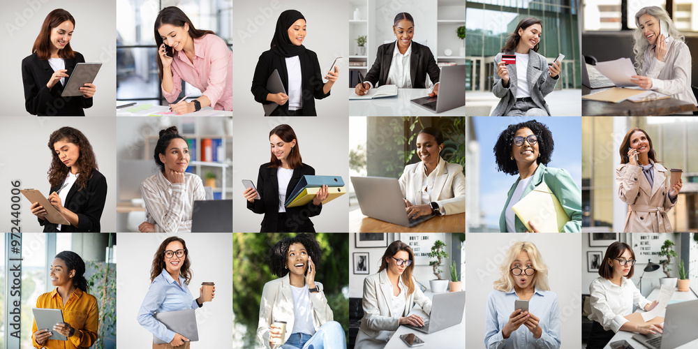 Aufkleber A diverse group of women is engaged in multiple professional activities within modern office environments. Some are on phone calls, while others are using laptops or reading documents.
