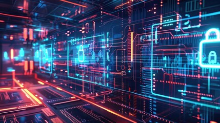 Fototapeta premium Futuristic Digital Circuit Lock Neon