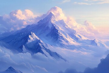A majestic mountain peak emerges from the clouds, bathed in soft, pastel light.