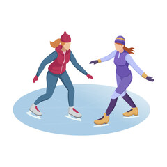 Two women ice skating on a rink, dressed in winter clothing. Isometric style on a white background. Concept of winter sport. Vector illustration
