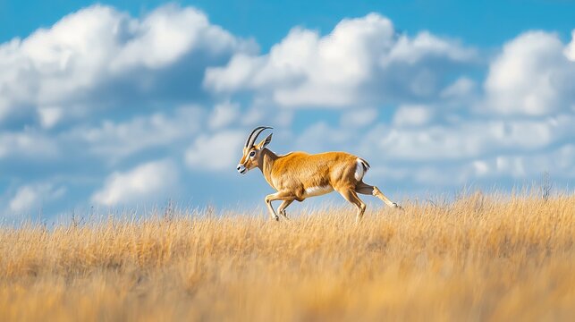 Endangered saiga antelope galloping across expansive grasslands in Central Asia, against a clear blue sky