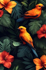 Fototapeta premium Bright orange birds among tropical leaves and vibrant red flowers