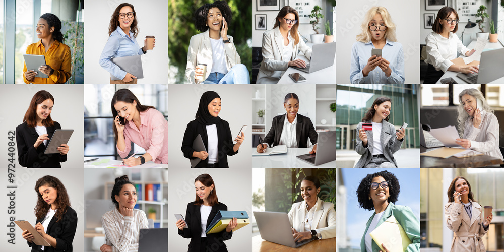Poster a diverse group of women is shown participating in different professional activities across various 