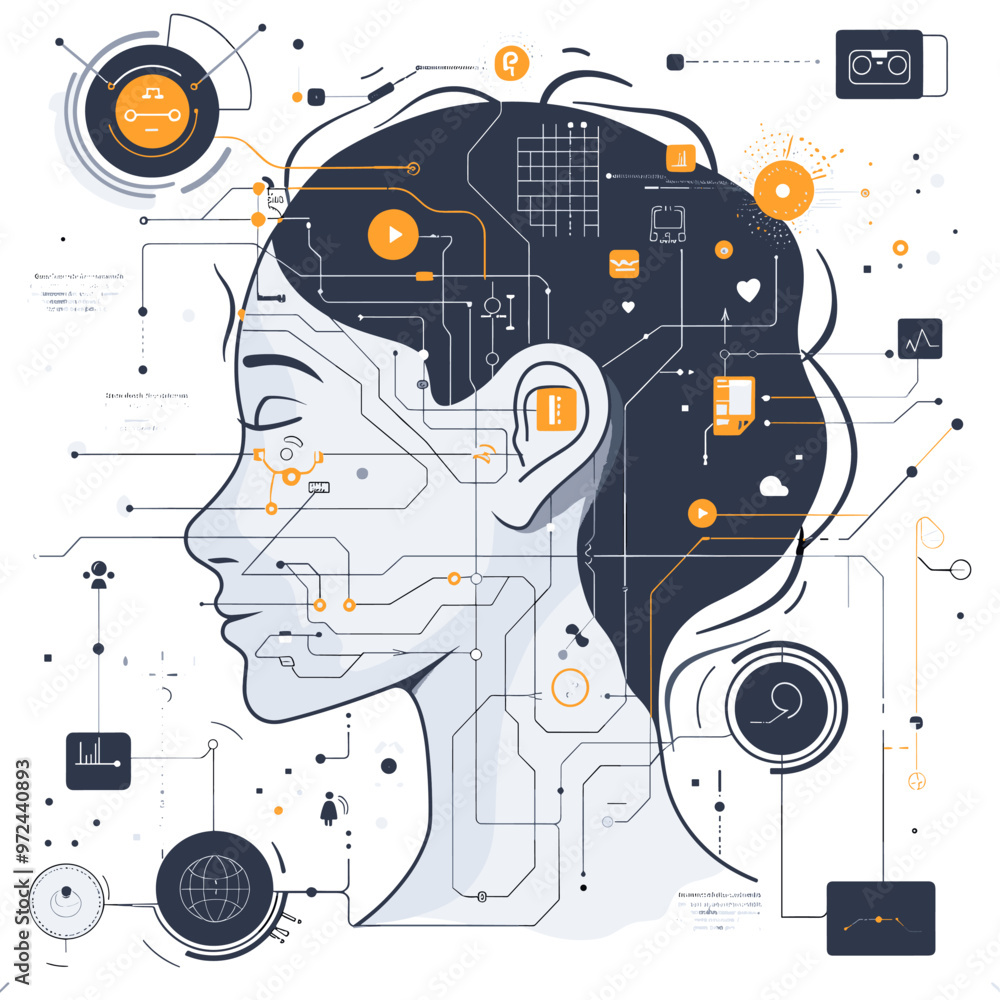 Poster abstract artificial intelligence concept with human head and various technological elements. vector 