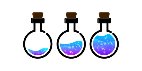 Set of glass bottles. Different colors potion flat style on white background. Vector illustration. Design elements for game collection.